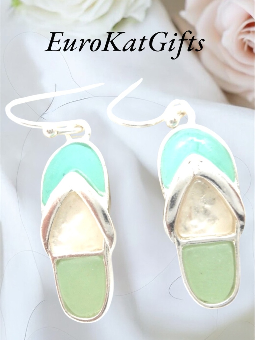 Flip Flop Sandal Earrings Silver Green Blue 1.0"x1.0"x1.5 Beach VacayTropicalNEW